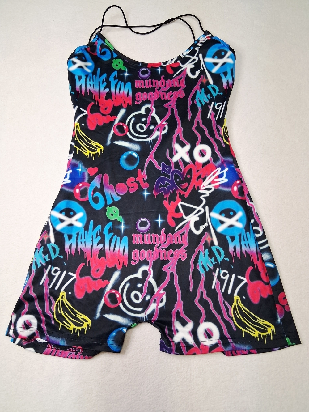 4/20$ SHEIN Black Multicolor Graffiti Print Cami Romper